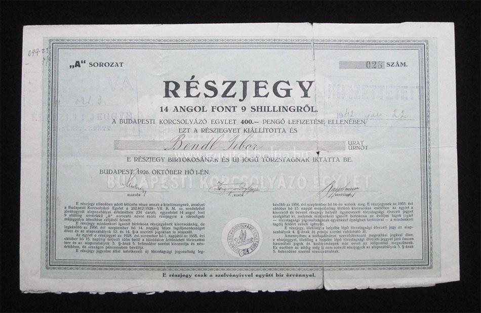 Budapesti Korcsolyázó Egylet részjegy 14 font / 400 pengő 1926